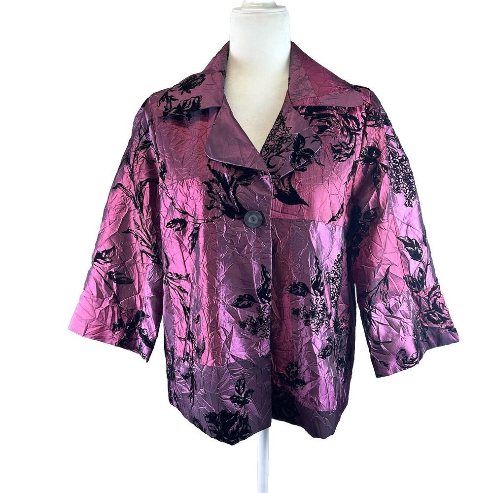 SUSAN GRAVER Women's Sz M Blazer Jacket Burgundy Taffeta & Black Velvet Floral‎
